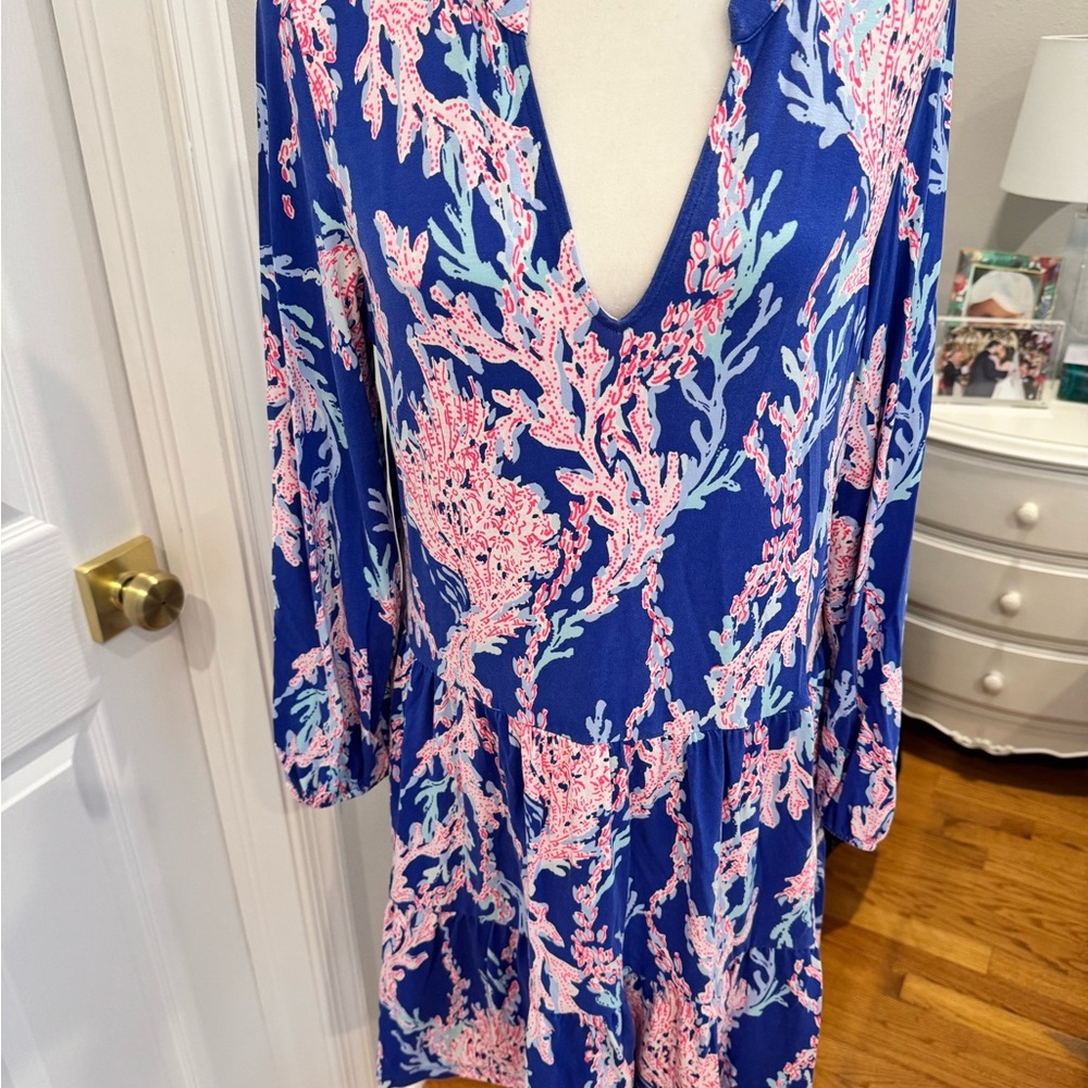 Lilly Pulitzer Blue and Pink Plunge Sundress with Bishop Sleeves